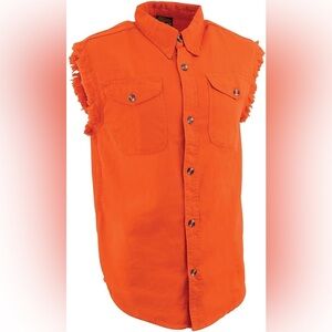 Milwaukee  Men's Orange Lightweight Denim Shirt w Sleeveless Frayed Cut Off - L